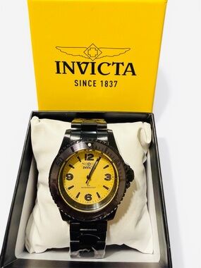 Invicta Black Stainless Watch with Yellow Dial and Bracelet